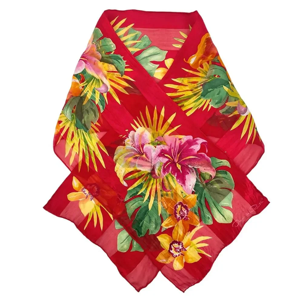 Vintage Oscar de La Renta Silk Scarf  Red Tropical 80s 1980s